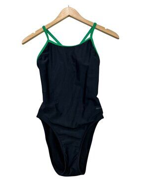 Sporti Womens HydroLast Piped Thin Strap One Piece Swimsuit Sze 32 Black Stretch
